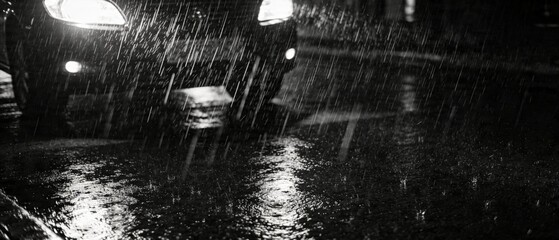 Naklejka premium A rainy night scene shows a car driving on wet road with lights on.
