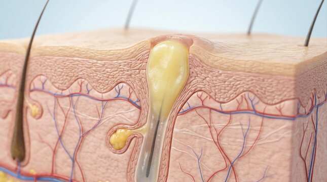 Detailed medical illustration of human skin cross section highlighting hair follicle, sebaceous gland, and acne formation with inflamed pore.