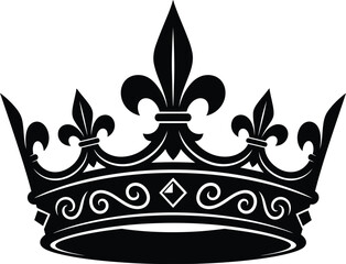 Black crown icon with fleur de lis and decorative elements on white © gazi