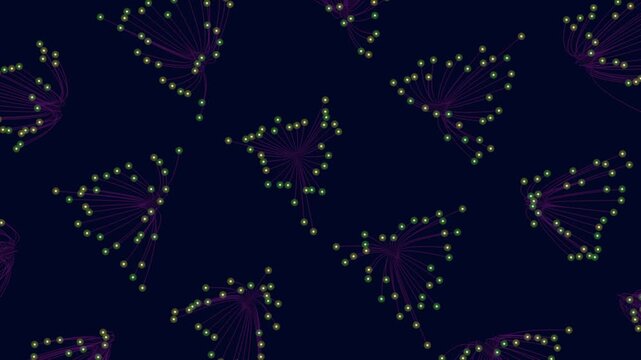 Colorful abstract footage of glowing purple particle bursts and flowing light trails on a dark blue background, festive digital fireworks pattern for celebrations and design