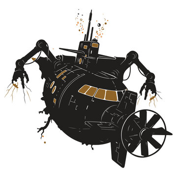 Illustration of a deep-sea submersible or robot with mechanical arms, exploring the ocean depths in a vector design.