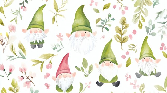 Three watercolor gnomes with green hats among pastel floral foliage, soft whimsical nursery pattern