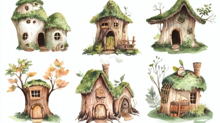 Fototapeta premium Watercolor illustrations of whimsical tree stump and moss-covered cottage houses arranged in two rows on white background