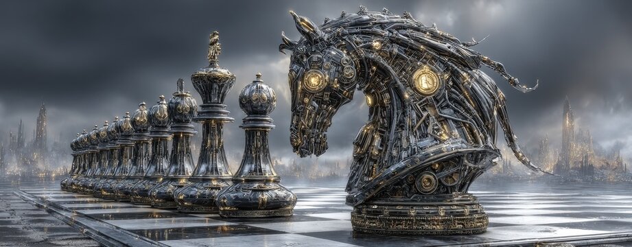 Steampunk chess knight leads pawns on a futuristic cityscape battlefield. Concept for AI strategy, business competition, and complex technological warfare.
