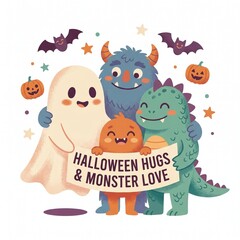 Fototapeta premium Charming flat design vector illustration featuring a friendly ghost and monster family embracing, ideal for Halloween-themed marketing, children's books, apps, and playful branding projects. Isolated 