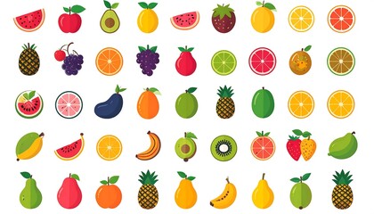 Obraz premium A vibrant, flat-design illustration featuring an assortment of colorful fruits arranged neatly. The collection showcases various shapes and sizes