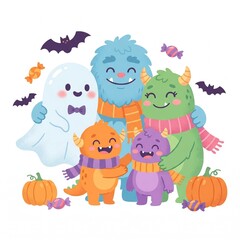 Naklejka premium Charming flat design vector illustration featuring a friendly ghost and monster family embracing, ideal for Halloween-themed marketing, children's books, apps, and playful branding projects. Isolated 