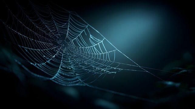 Intricate spider web glistening with dew in a dark setting