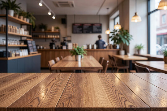 Wood table top counter pattern texture for food mockup template with blur kitchen in background
