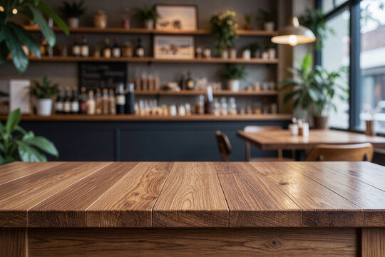 Wood table top counter pattern texture for food mockup template with blur kitchen in background