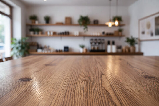 Wood table top counter pattern texture for food mockup template with blur kitchen in background
