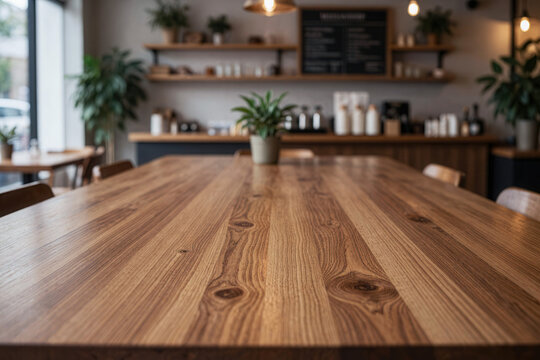 Wood table top counter pattern texture for food mockup template with blur kitchen in background