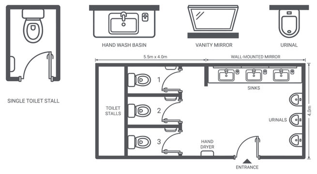 Restroom layout and fixtures plan including toilets, sinks, and partition arrangement.