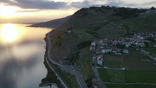 Lavaux Timelapse Sunset Train Over Lake Geneva Switzerland
