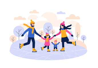 Fototapeta premium Happy Family Ice Skating on Frozen Pond in Winter Landscape, Flat Vector Illustration of Parents and Children Having Fun Outdoors