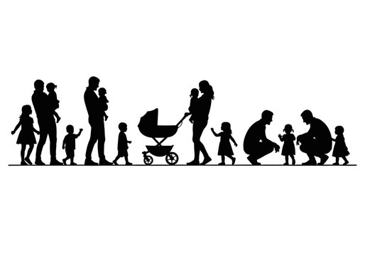Silhouettes of Diverse Parents with Children and Babies - Set of Families with Stroller and Toddlers on White Background