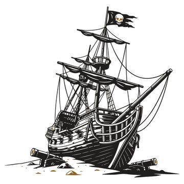 Black and white illustration of a multi-masted sailing ship, resembling a pirate vessel or galleon on the waves.