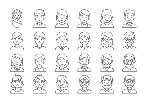 Set of diverse people avatars representing different ages and generations from baby to elderly. Minimalist line art icons for family, aging, and lifecycle concepts.