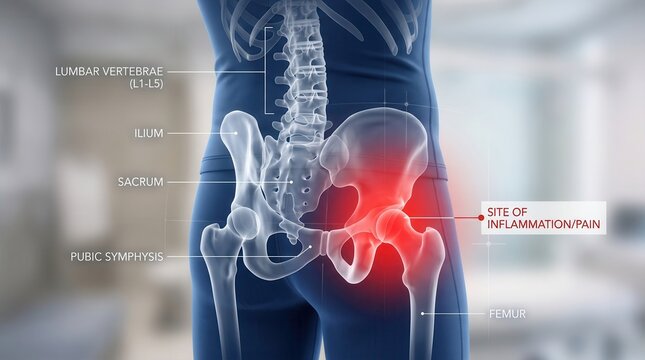 A medical illustration of a human body with highlighted hip and lower back pain