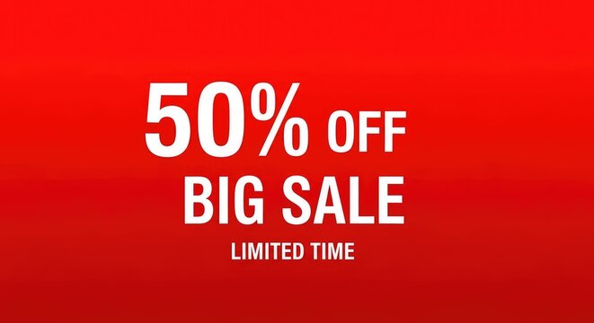 50 percent off red background with a big sale advertisement for a limited time