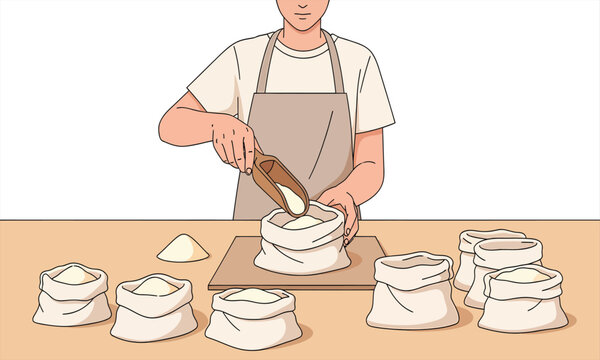 A person in an apron is carefully scooping flour into small fabric bags on a wooden table