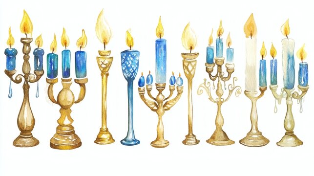 Watercolor illustration of assorted menorahs and candelabras with lit candles in gold and silver tones and blue candles