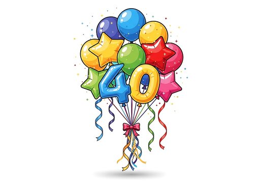 Colorful 40th birthday balloons bouquet, vibrant number 40 balloon arrangement for anniversary, festive party celebration balloons with stars