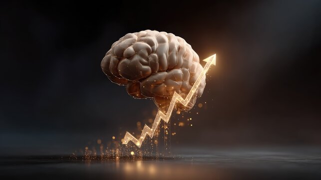 Conceptual image of brain with glowing arrow representing growth, cognition development, intelligence boost, and mental performance enhancement in dark background