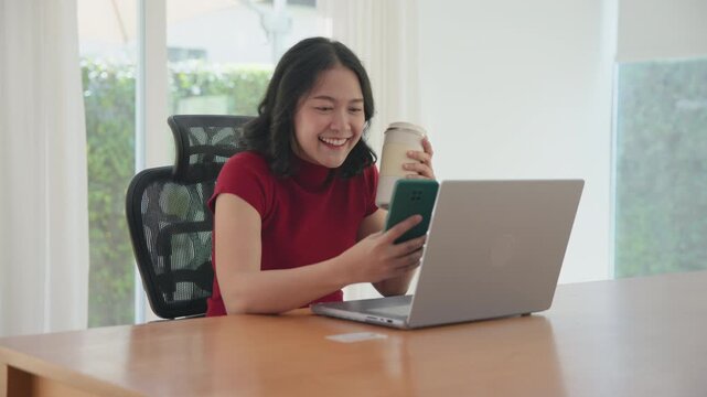 Young asian woman happy smile using search on phone Agent AI app retail shop store pay buy at home Modern Agentic bot order assisted people easy booking hotel ticket vacation smart life virtual wallet