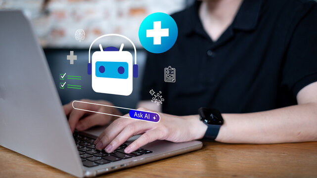 Person using laptop communicate with AI Artificial intelligence chatbot healthcare assistant health analysis diagnosis treatment support medicine suggestion application
