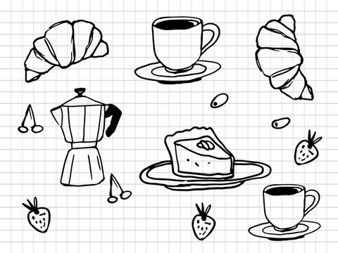 Hand Drawn Coffee and Bakery Doodle Set with Croissant Cake and Moka Pot on Grid Background