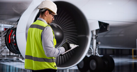 Technician Wearing Safety Helmet Thoroughly Examines Jet Engine © Andrey Popov