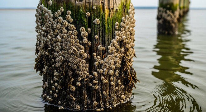 Close-up macro view of weathered wooden pilings encrusted with numerous barnacles and green algae, in calm tidal water, capturing a detailed organic texture.