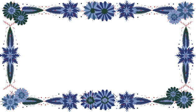 Blue floral vector frame with intricate needlework design and empty white space for text or image