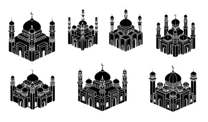 Isometric mosque icon set with stylized Islamic architecture and dome structures in black vector design © Sabbir