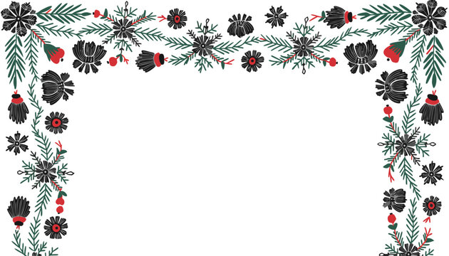 Vintage floral vector frame with pinecones snowflakes and red berries on white background for decoration and design