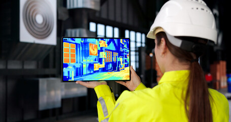 Naklejka premium Young Woman Technician Uses Tablet For HVAC System Thermal