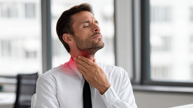 Businessman, throat pain, white shirt, red glow, office background, neck discomfort, illness.