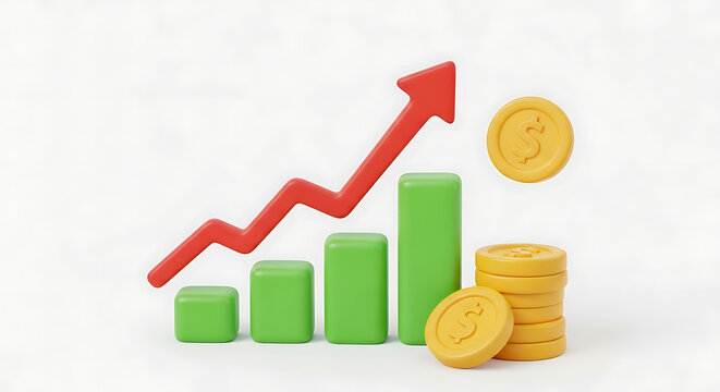 Explosive Financial Growth and Wealth Accumulation Represented by a Rising Chart and Stacks of Golden Coins Signaling Investment Success and Economic Prosperity