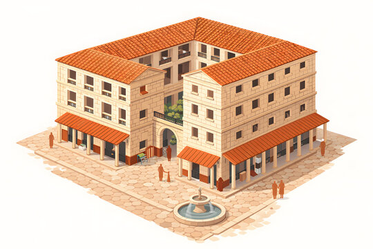 Isometric vector illustration of an ancient Roman insula apartment building with terracotta roof, colonnaded courtyard, balconies, and a small public fountain