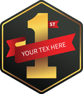 First place golden hexagon vector template with red ribbon for icon, logo, first place, medal, symbol, award, commemoration, celebration, etc.