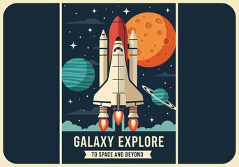 Vintage Retro Space Travel Poster with Space Shuttle Launch and Planets, Galaxy Explore Vector Illustration © upin
