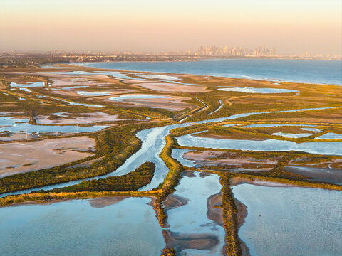 Aerial view of water in coastal wetlands and salt lakes with a city skyline in the distance