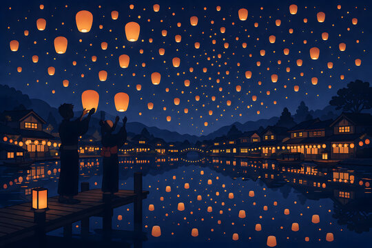 Magical night festival with glowing sky lanterns floating above a peaceful riverside village, reflected on calm water in a romantic cultural celebration scene