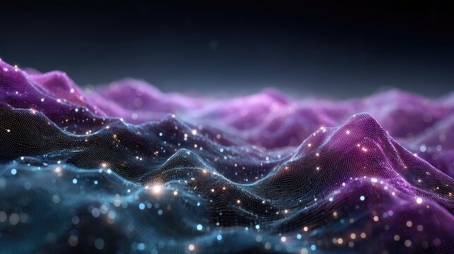 Abstract Digital Landscape with Flowing Waves and Twinkling Stars in a Purple and Blue Color Palette for High-Tech Backgrounds
