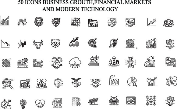 A high quality collection of professional editable linear icons representing business grouth,financial markets,and modern technology.Perfect for web design,mobile apps,business presrntations,corporate