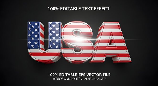 3d usa text effect with american flag pattern, patriotic united states independence day vector illustration