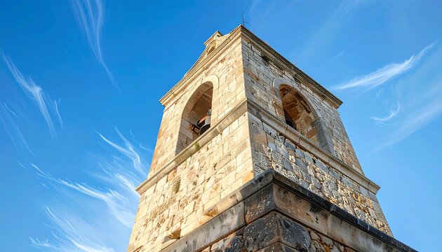 A low-angle shot of a stone tower against a blue sky