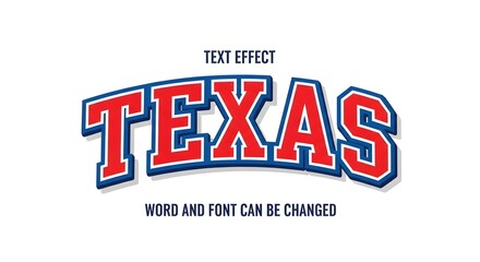 Texas text effect, editable 3d collegiate varsity style font, red white and blue colors, arched typography, sports team logo design template © MSTHIRAMONY