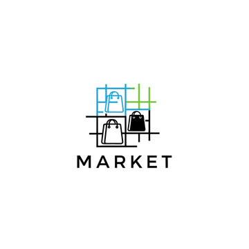 Market Stall Logo with Shopping Bags and "MARKET" Text on Isolated White Background